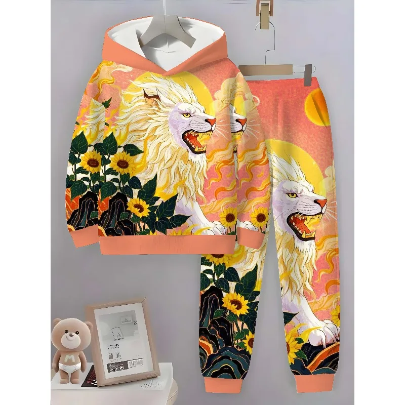 Sudadera con capucha y pantalones de chándal con estampado digital 3D de sol, león y araña, conjunto informal de 2 piezas de manga larga simple y moderno