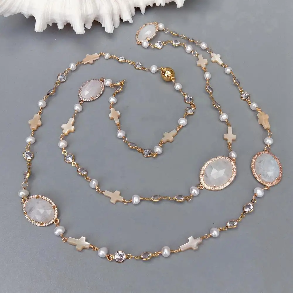 

KKGEM 16x21mm Natural White Moonstone Oval Shell Cross White Pearl Rosary cz pave Link Chain Station Long Necklace 45"
