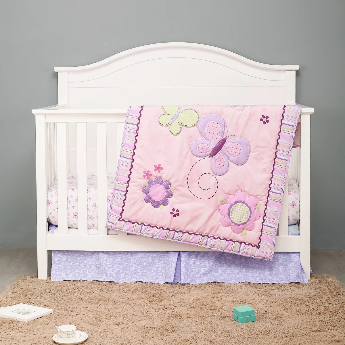 3Pcs Purple Butterfly Baby Crib Bedding Set for Girl Bed Linen For Kid Baby Nursery Decor (Comforter+Fitted Sheet+Crib Skirt)