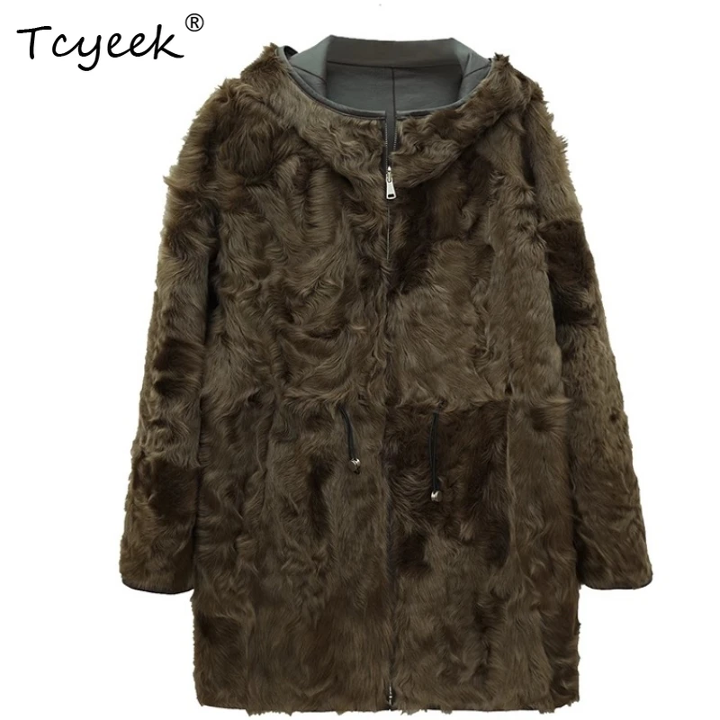 Tcyeek 울 가을 겨울 고급 트렌디 후드 양면 착용 중간 길이 여성 울 시어링 퍼 코트 여성용 모피 코트