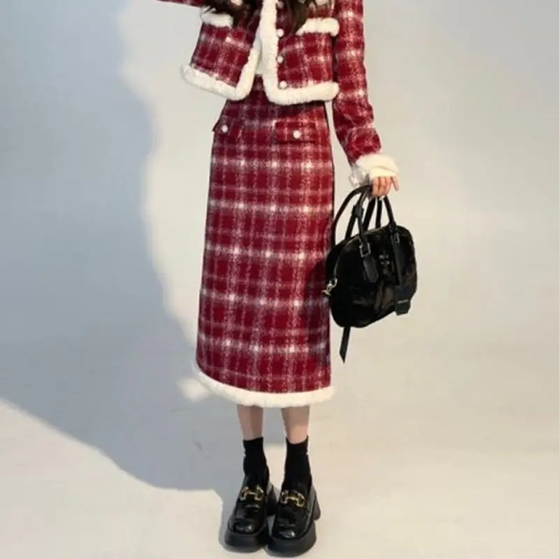 Women Y2k Cropped Blazer Skirts 2pcs Set Winter Thicken Long Sleeve Jackets with Mini Plaid Skirt Suits Harajuku Gothic Outfits