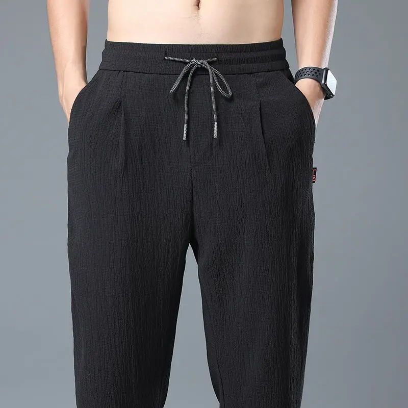 Summer Thin Elastic Casual Pants Men Solid Pleated Ice Silk Strap High Waist Drawstring Pocket Loose Straight Trousers 2023 New