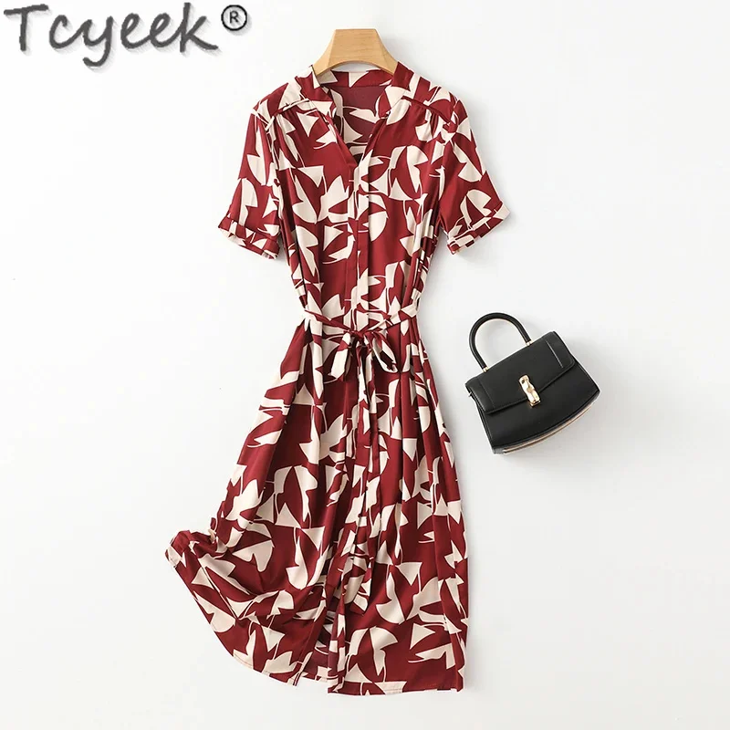 92% Tcyeek Mulberry Silk Print Women's Clothes Spring Summer Elegant es for Women 2024 High-end Midi Dress Lace-up