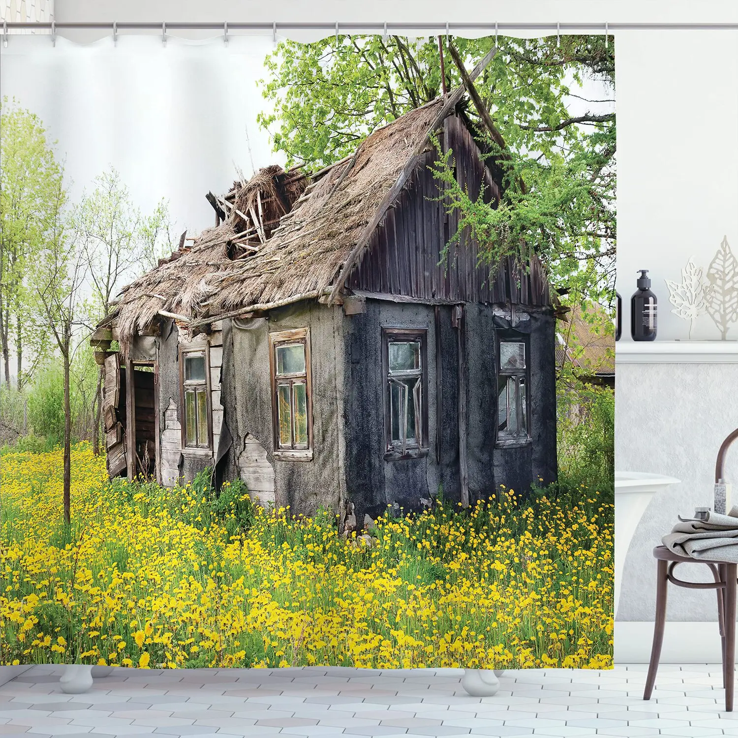 Rustic Abandoned House in Yellow Wildflower Field Shower Curtain Bathroom Decor Waterproof Print