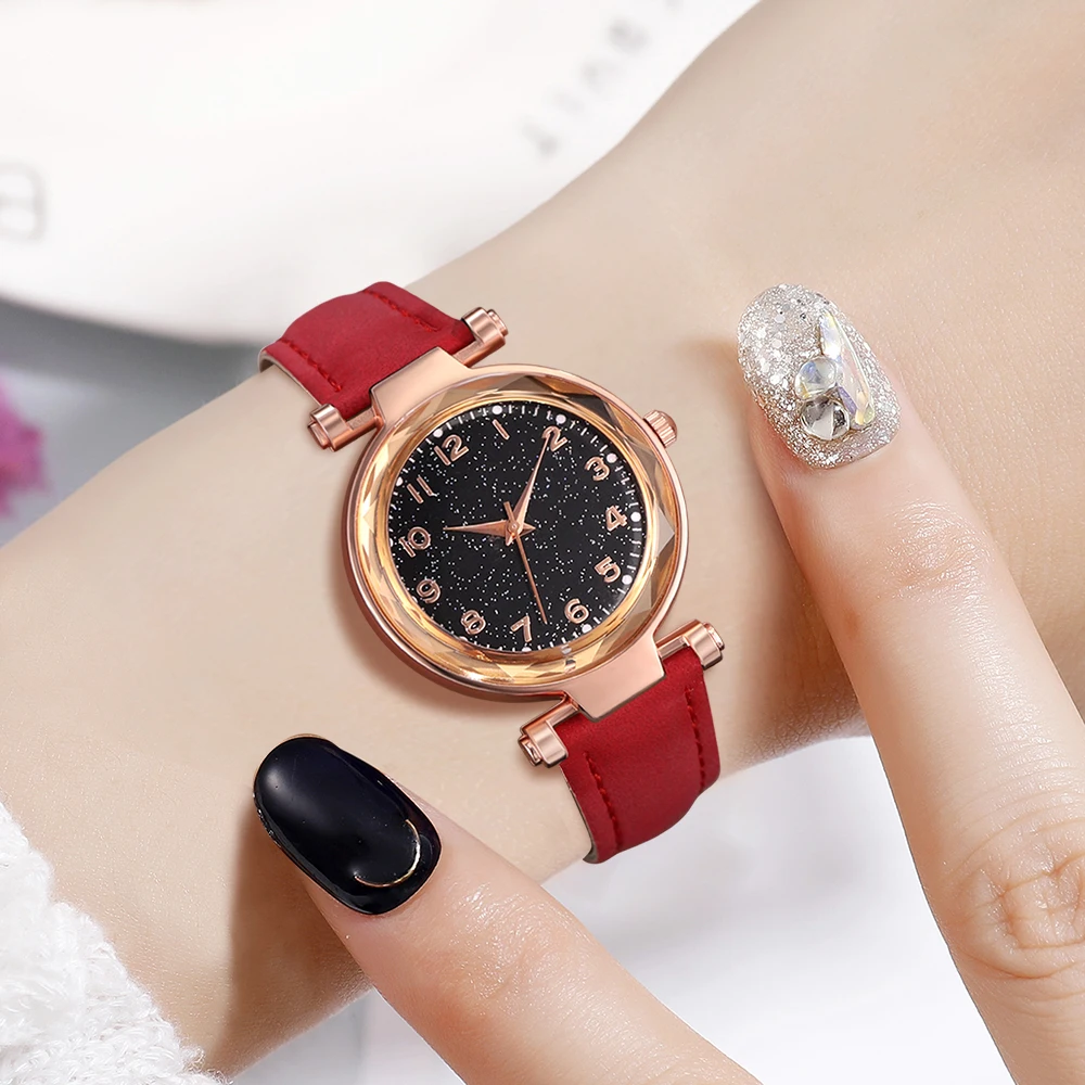 6PCS/Set Red Women's Watch With Minimalist Elements Dial Quartz Watch Latex Strap Cherry Elements Jewelry Set Girl's Gift