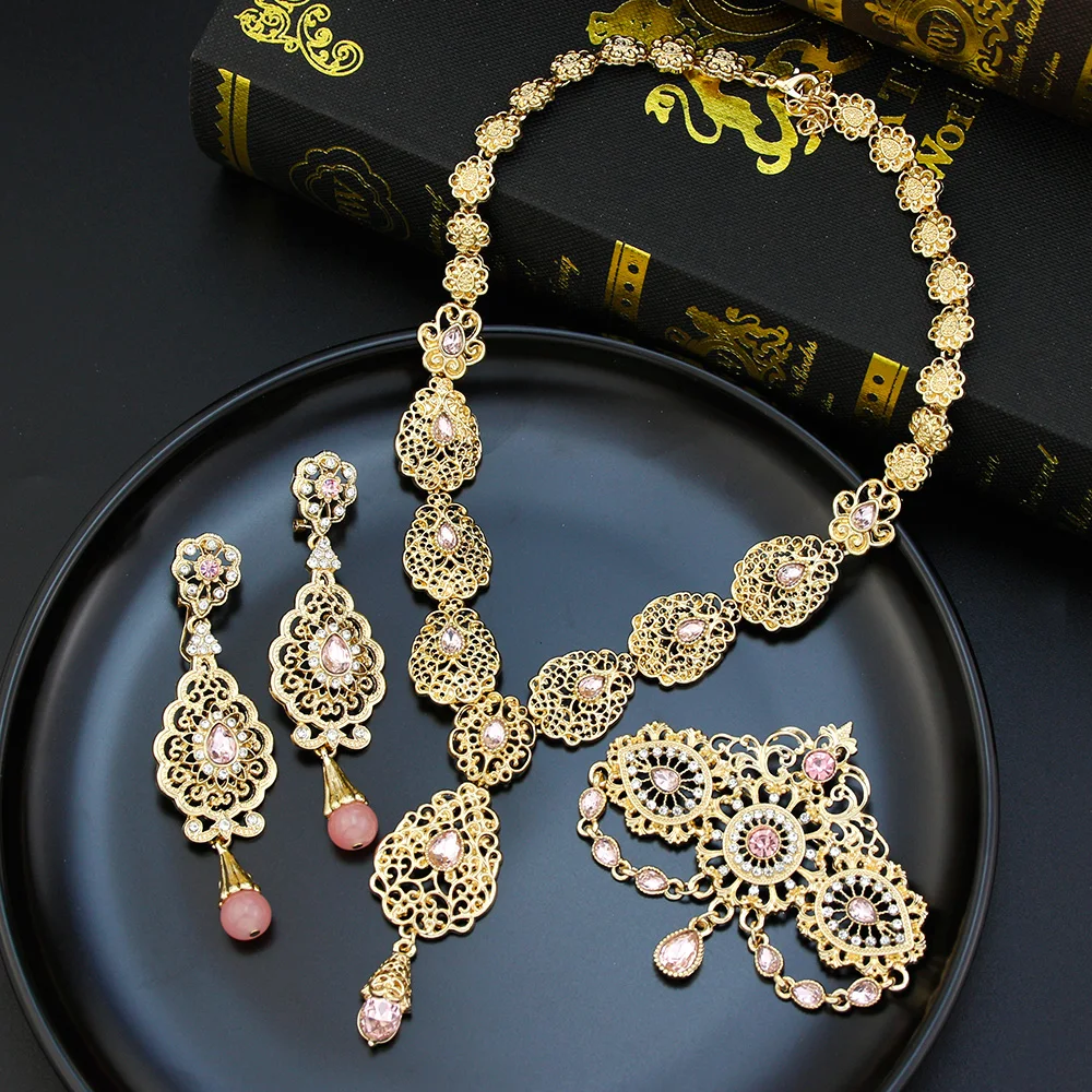 Sunspicems Gold Color Moroccan Bride Jewelry Sets for Women Caftan Brooch Earring Necklace Set Algeria Flower Pendant Necklace