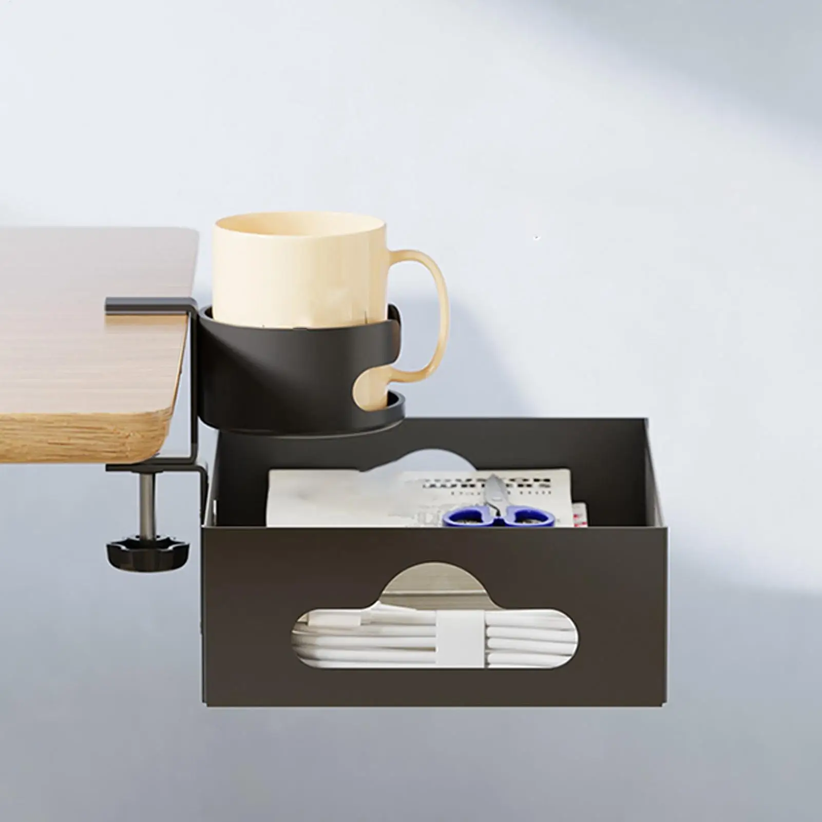 

Under Desk Organizer 360 Degree Rotating Clamp-On Tray Rotating Desktop Stationery Shelf for Phones Water Bottles Headphones