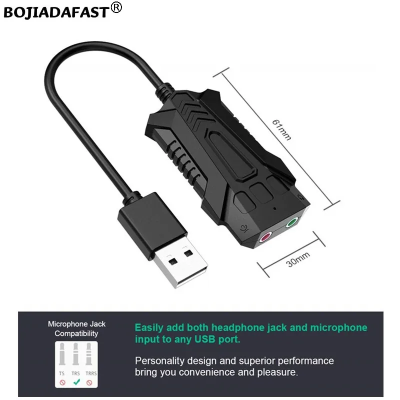 Placa de som de áudio HD USB 2.0 Conenctor com cabo de extensão para computador laptop PS4 MAC-Mini Raspberry Pi