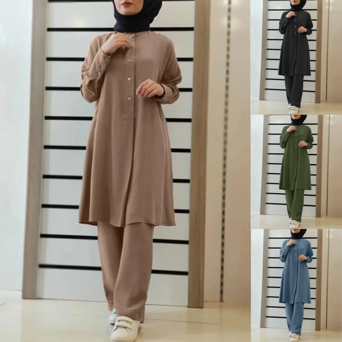 

Muslim Women's Clothing New Solid Color Two-piece Shirt Trousers Set Casual Slacks Set Single Breasted Button & Pants