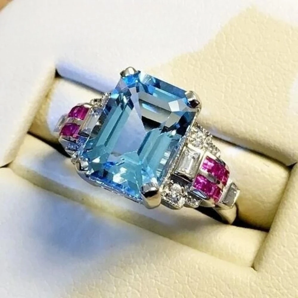 Exquisite 925 Sterling Silver Topaz and Aquamarine Ring with Embedded Red Corundum Jewelry. Trendy Ring.