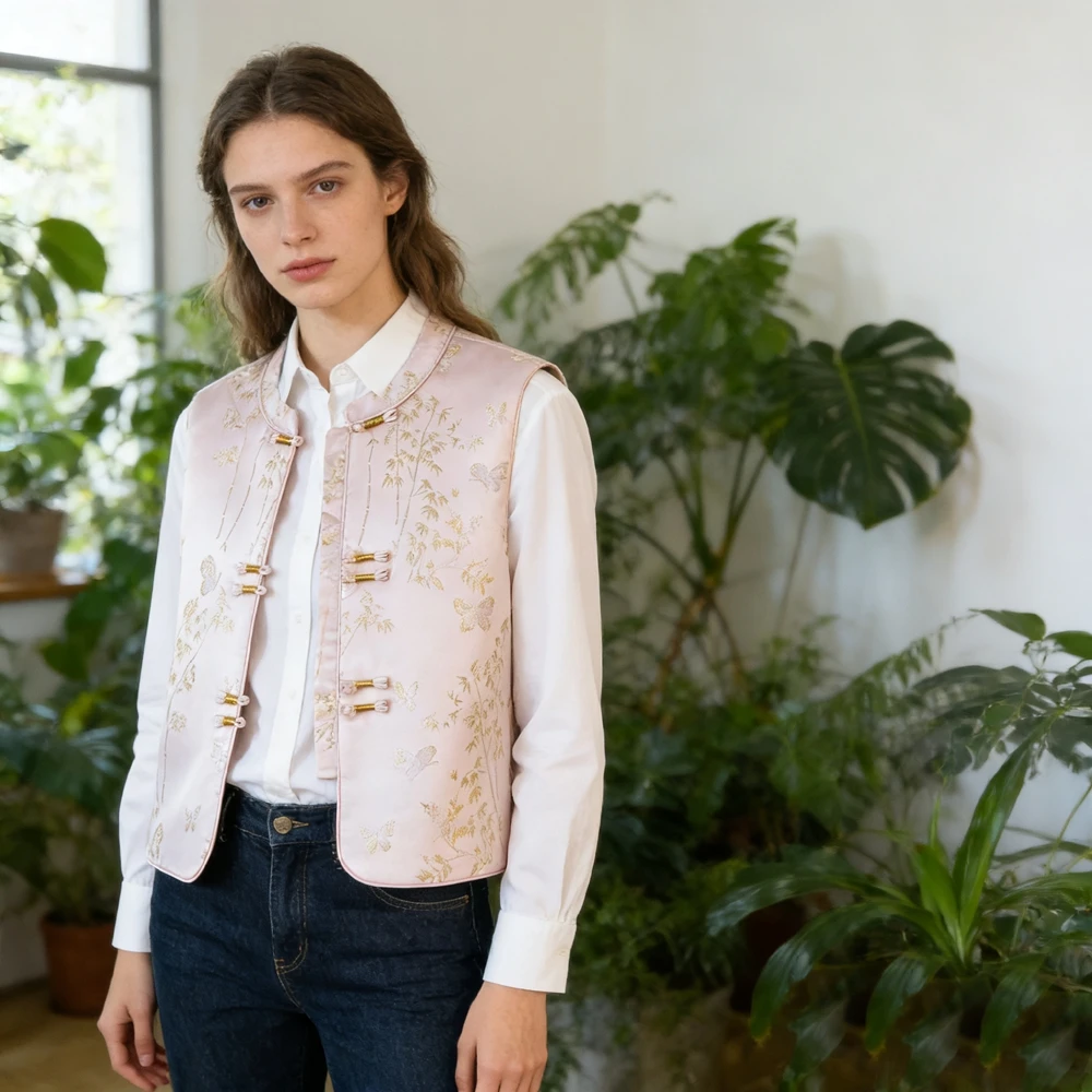 

Новая женская жилетка в китайском стиле, безрукавка с круглым вырезом, с пряжкой, из парчового атласа, этнический топ-ципао, весенне-летняя новинка