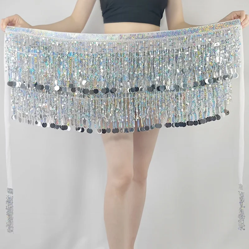 Multilayer Sparkly Sequins Belly Dance Belt Skirt Costume Tassel Bellydance Hip Scarf for Women Indian Dancing Waist Chain Suit