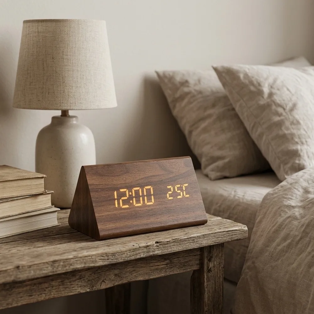 Wood Digital Alarm Clock Multi Function Temperature Date For Nightstand Office Table Decoration Electronic Clock