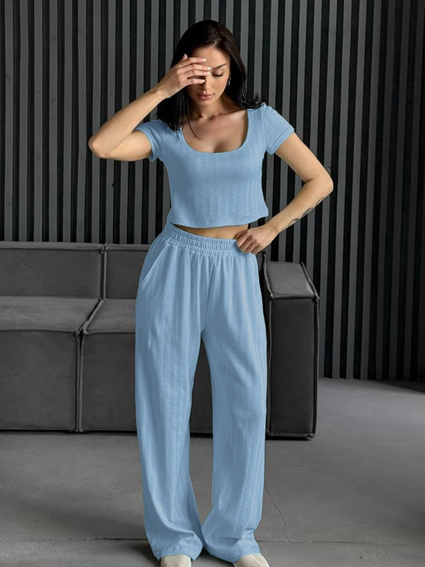 Marthaqiqi Knitted Female Pajamas Suit O-Neck Nightie Crop Top Sleepwear Short Sleeve Nightgown Pants Casual Women Nightwear Set