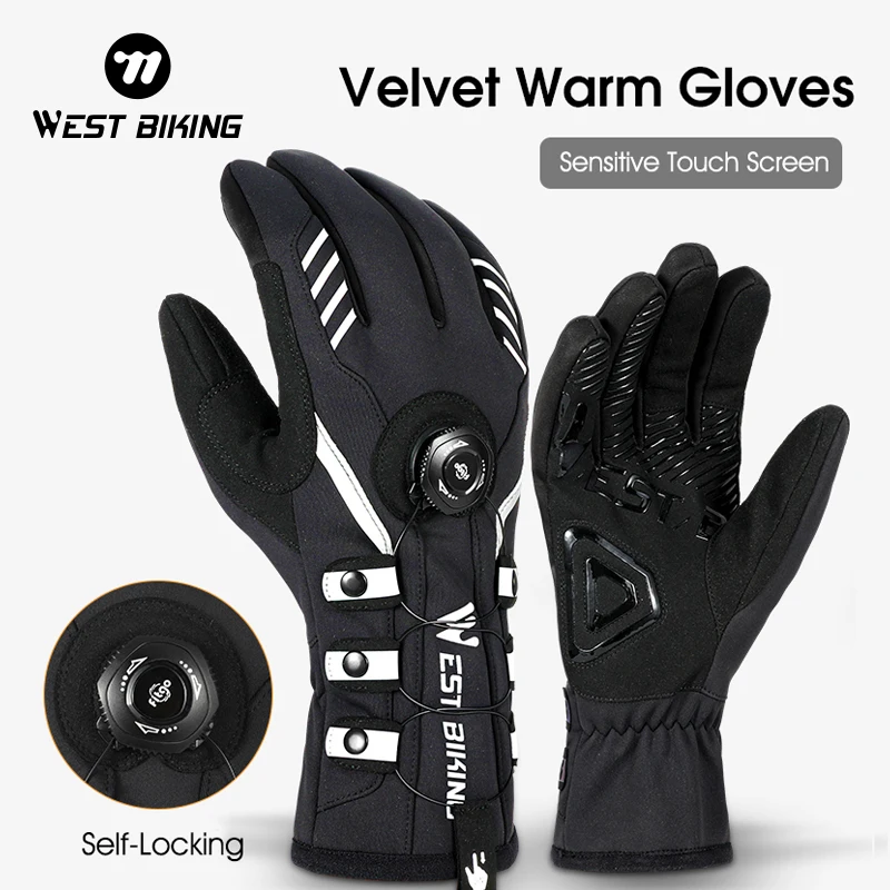 WEST BIKING Thermal Cycling Gloves MTB Bike Motorcycle Warm Gloves Men Touch Screen Self-locking Winter Ski Bicycle Sport Gloves