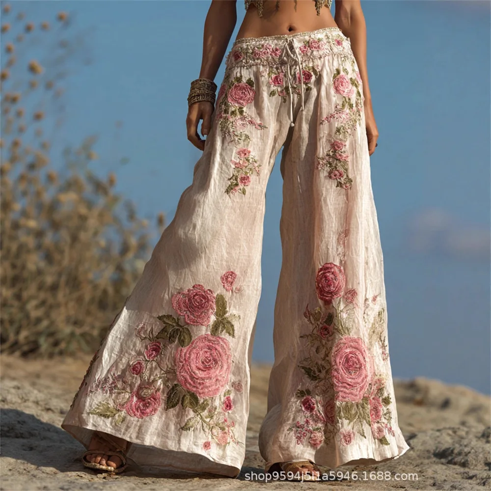 

Linen women's clothing, literary and retro style, casual wide-leg 3D printed trousers for women, versatile linen wide-leg pants