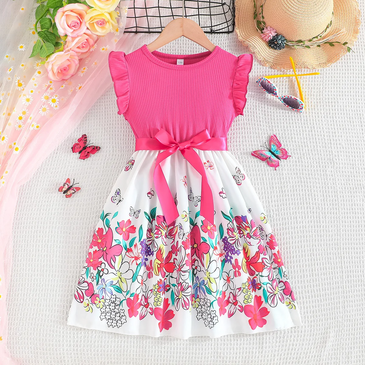 Summer Girl Floral Dress Casual knit Patch Flying Sleeve with Bow Children Clothing 3-10Y Baby Daily Dress Outfits Princess