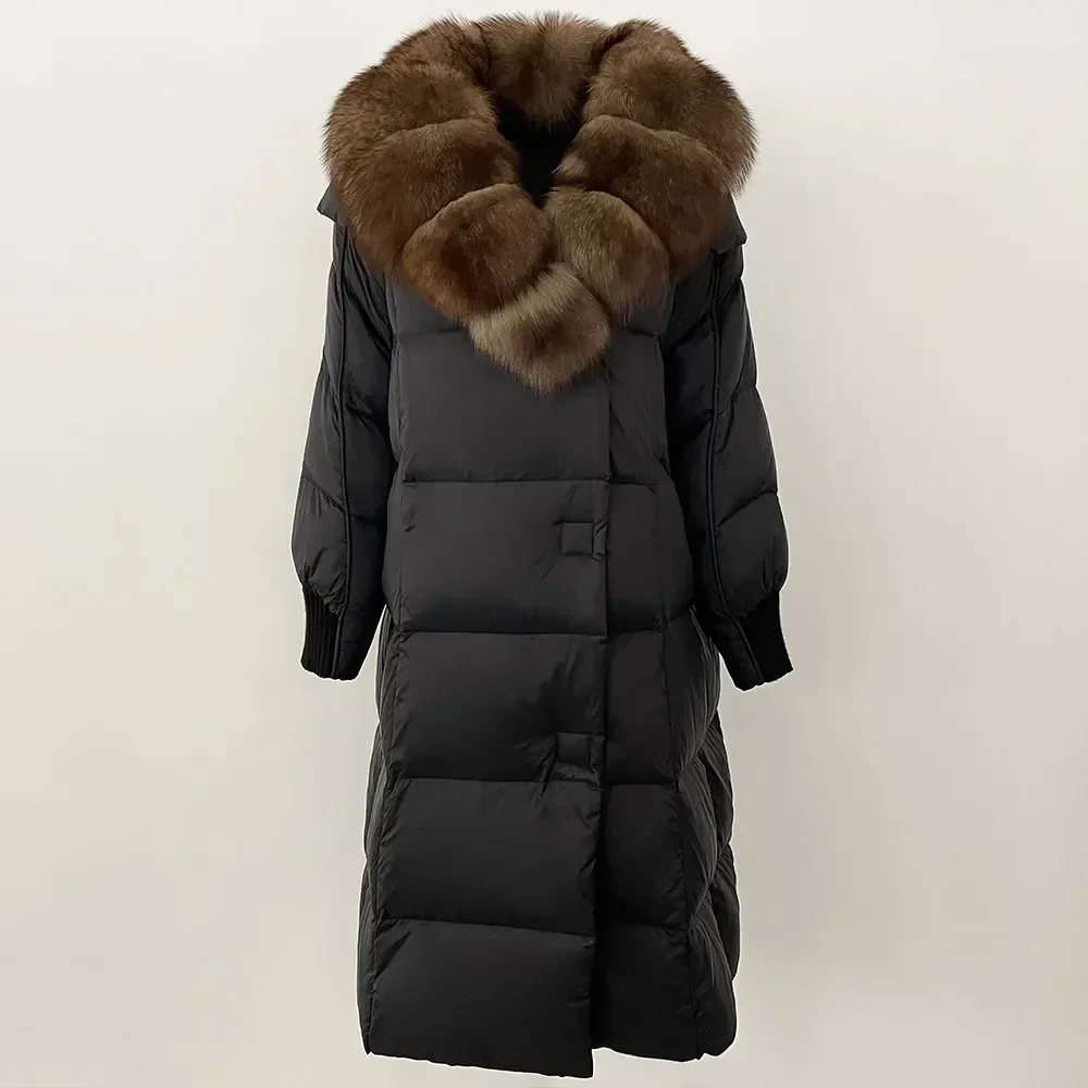 معطف نسائي بياقة من فرو الراكون الثعلب الحقيقي ، جاكيت مبطن بأوزة بيضاء ، معطف طويل من الفرو الطبيعي ، ملابس خارجية دافئة ، شتاء الأوروبي ، جديد