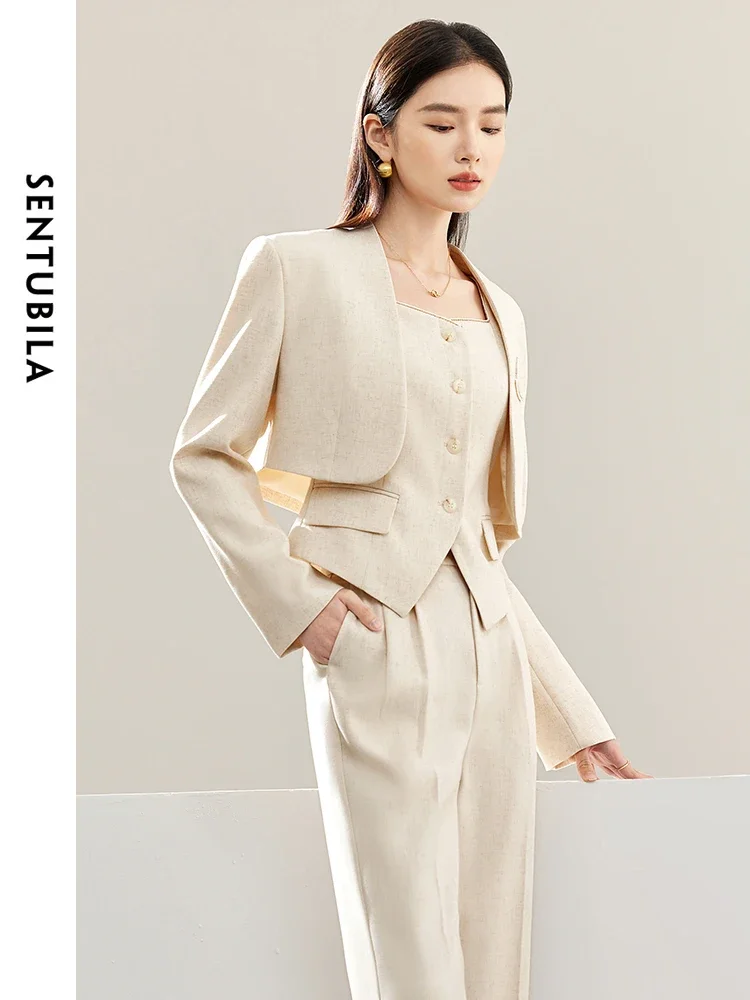 SENTUBILA Women 3 Piece Blazer Pant Suits Matching Set 2024 Autumn Cropped Tailoring Coat + Vest + Straight Pant 141Z52980