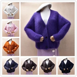 Ladies Women Fall Winter Thick Warm Hairy Angora Rabbit Fur Hand Knitted V-Neck Long Sleeves Loose Cardigans Sweater Jacket Pull