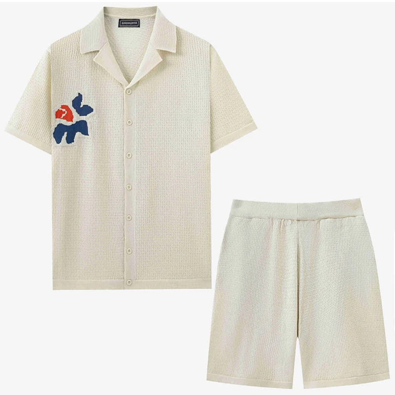 2025 Summer Trendy Mens Knitted Two Piece Sets Vintage Lapel Button-up Shirt And Shorts Men Outfits Knitting Short Sleeve Suits