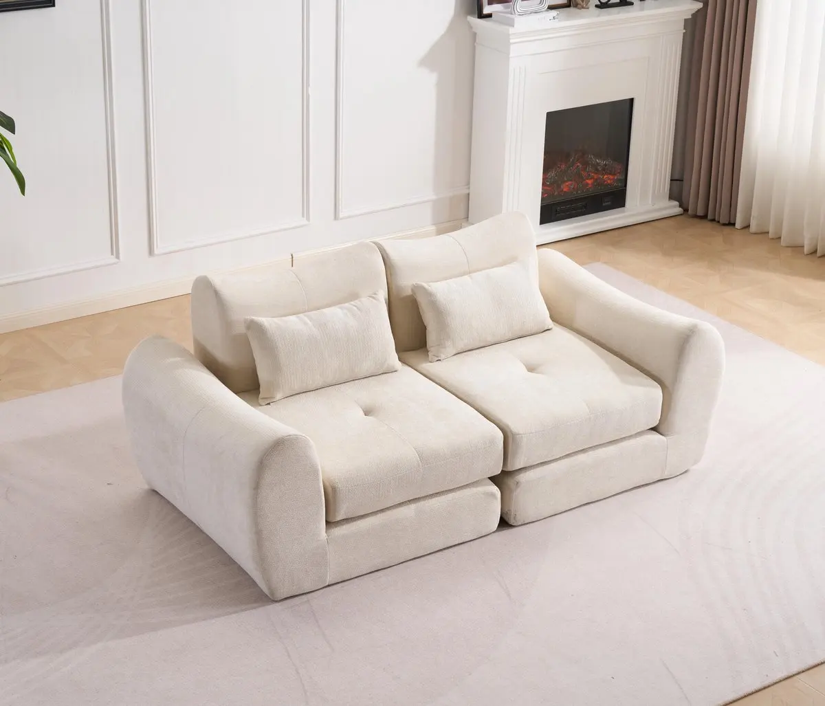 Canapé Convertible 2 en 1 en Tissu Chenille, Canapé-Lit Modulaire Pliable 2 Places avec Accoudoirs et 2 Coussins, Sofa Confortable avec Memory Foam, Chaise Longue et Lit d’Appoint pour Appartement,