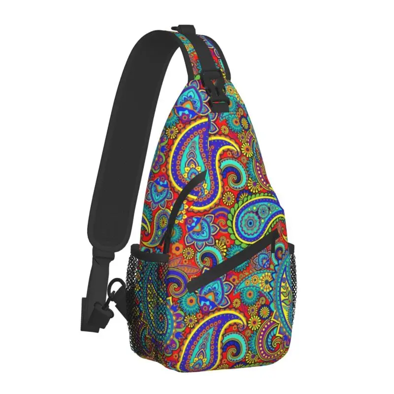 Cool Colorful Retro Paisley Pattern Crossbody Sling Backpack Men Boho Bohemian Floral Art Shoulder Chest Bags for Camping Biking