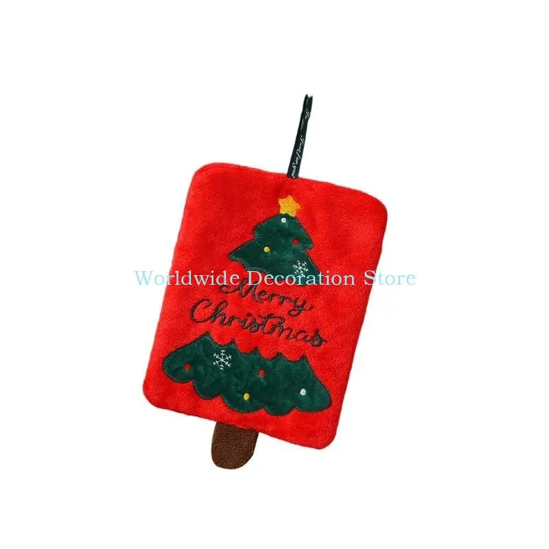 Q39B Corals Fleece Hand Towel Christmas Theme Embroidery Hanging Soft Absorbent Kitchen Dish Cloth Reusable