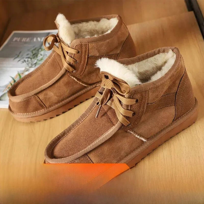 Real Wool High Top Snow Boots Genuine Leather Fur Integrated Thin Strap Couple Style Warm Winter Boots round Toe Short Tube