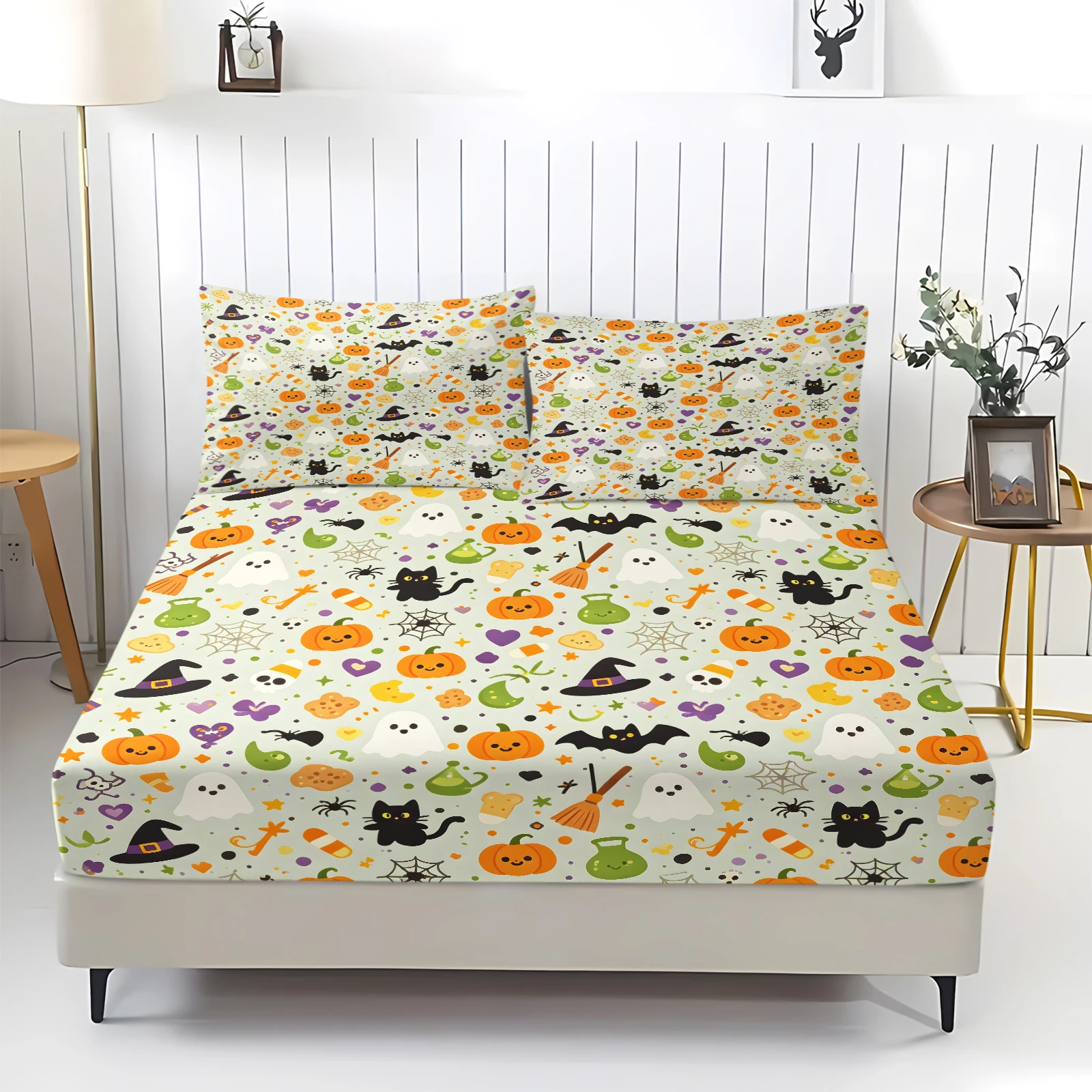 Festive Halloween Fitted Sheet Set Light Green Cute Pumpkin Ghost Print All Around Elastic Deep Pocket Bed Sheet with Pillowcase