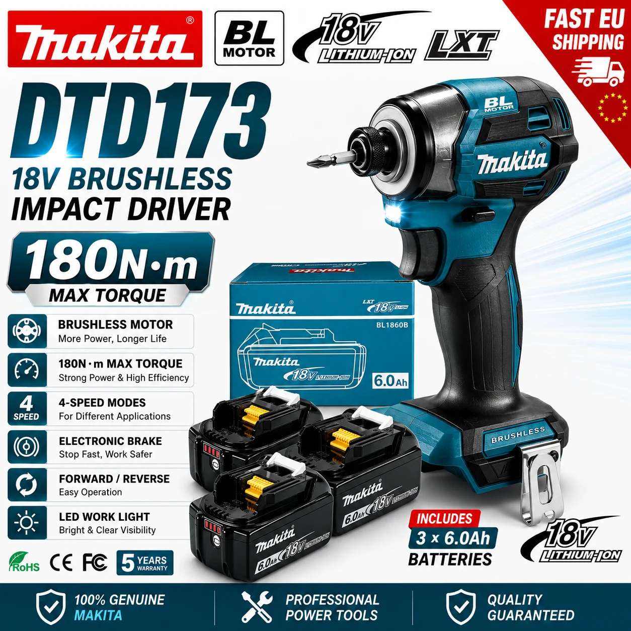 Original Makita DTD173 18V LXT Bürstenloser Schlagschrauber 180N·m Elektroschrauber mit 2×BL1860 6,0Ah Akku EU-Lager Schnelle Lieferung