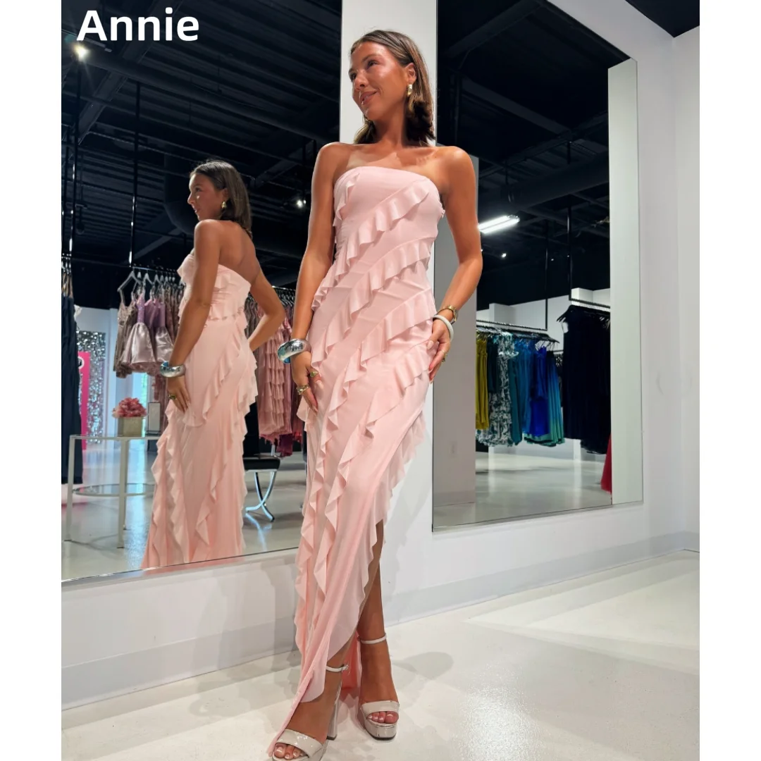 Annie Strapless Pink Prom Dresses Chiffon Ruffle Fairy Evening Dresses Princess Formal Wedding Party Dress Vestidos De Noche