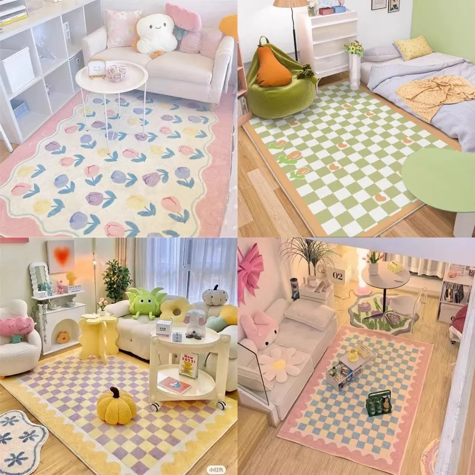 

Living Room Floor Mat Non-slip Bedroom Rug Soft Fine Fluffy Carpet Contrast Color Cute Plaid Large Size Home Decor Rugs Alfombra