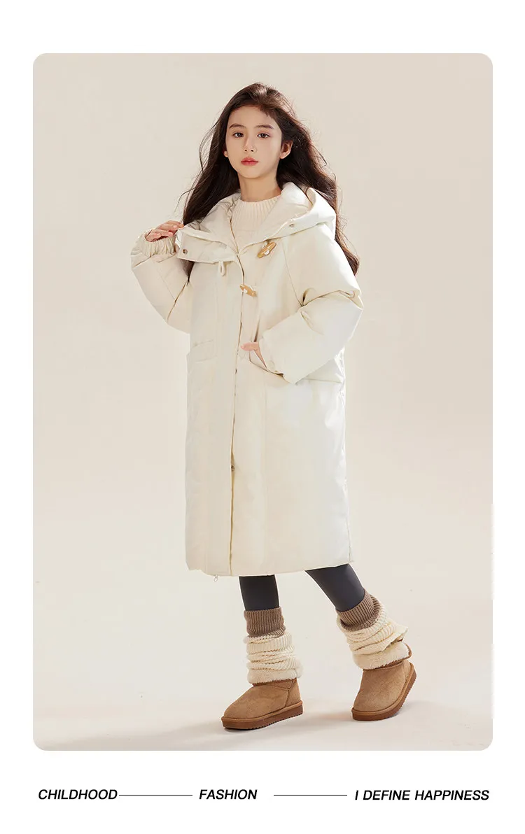 90% weiße Entendaunen, Kinder-Langparka mit Kapuze und Hornschnalle, warmer Winter-Daunenmantel für Mädchen und Jungen A5122 – Detail 5