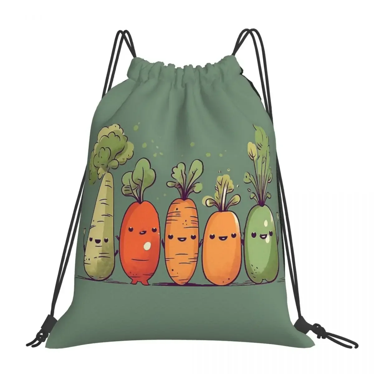 Happy Veggies Backpacks Casual Portable Drawstring Bags Drawstring Bundle Pocket Storage Bag BookBag For Travel Students