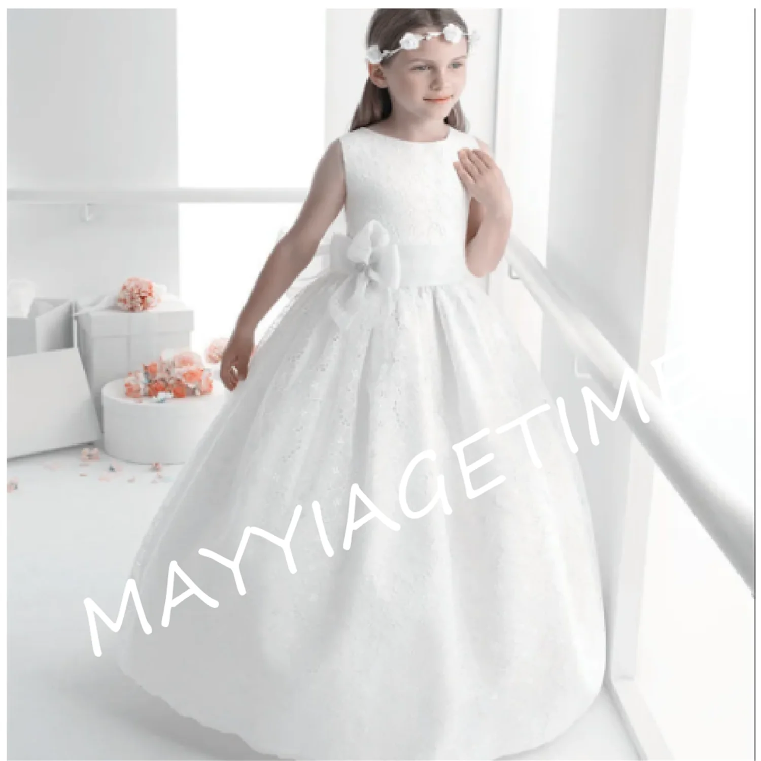 

Ivory Long Ball Gown Lace Bow Flower Girl Dresses Princess Princesse Enfant Baptism of First Communion Birthday Commencemt