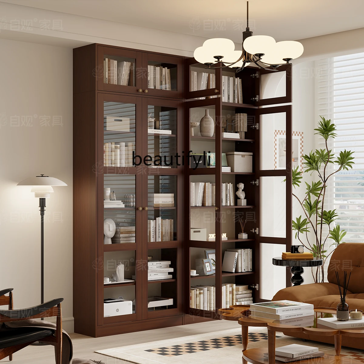 

Retro brown bookcase combination living room whole wall glass cabinet French storage cabinet floor