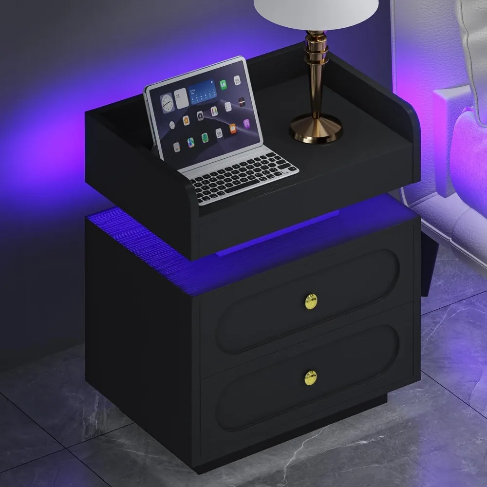 Estación de carga Juego de 2 mesitas de noche con luces LED, mesitas de noche con doble cajón, mesa auxiliar moderna para dormitorio