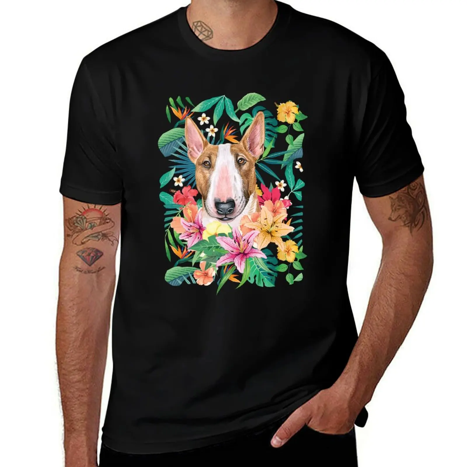 Tropical White and Tan Bull Terrier T-Shirt baggy shirts Louboutins quick-drying T-shirts oversize black t shirts for men