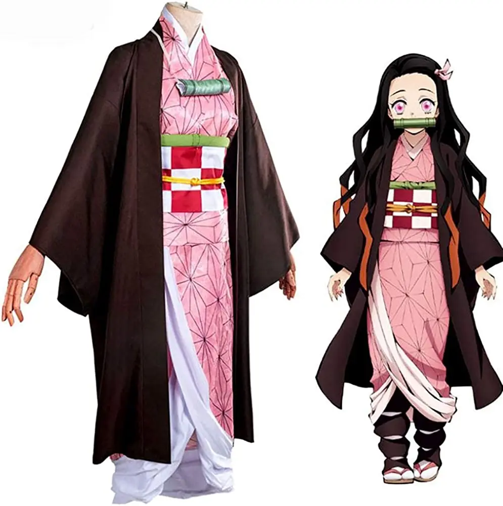 Kamado Cosplay Kostuum Outfit Kimono Met Hairwear En Bamboe