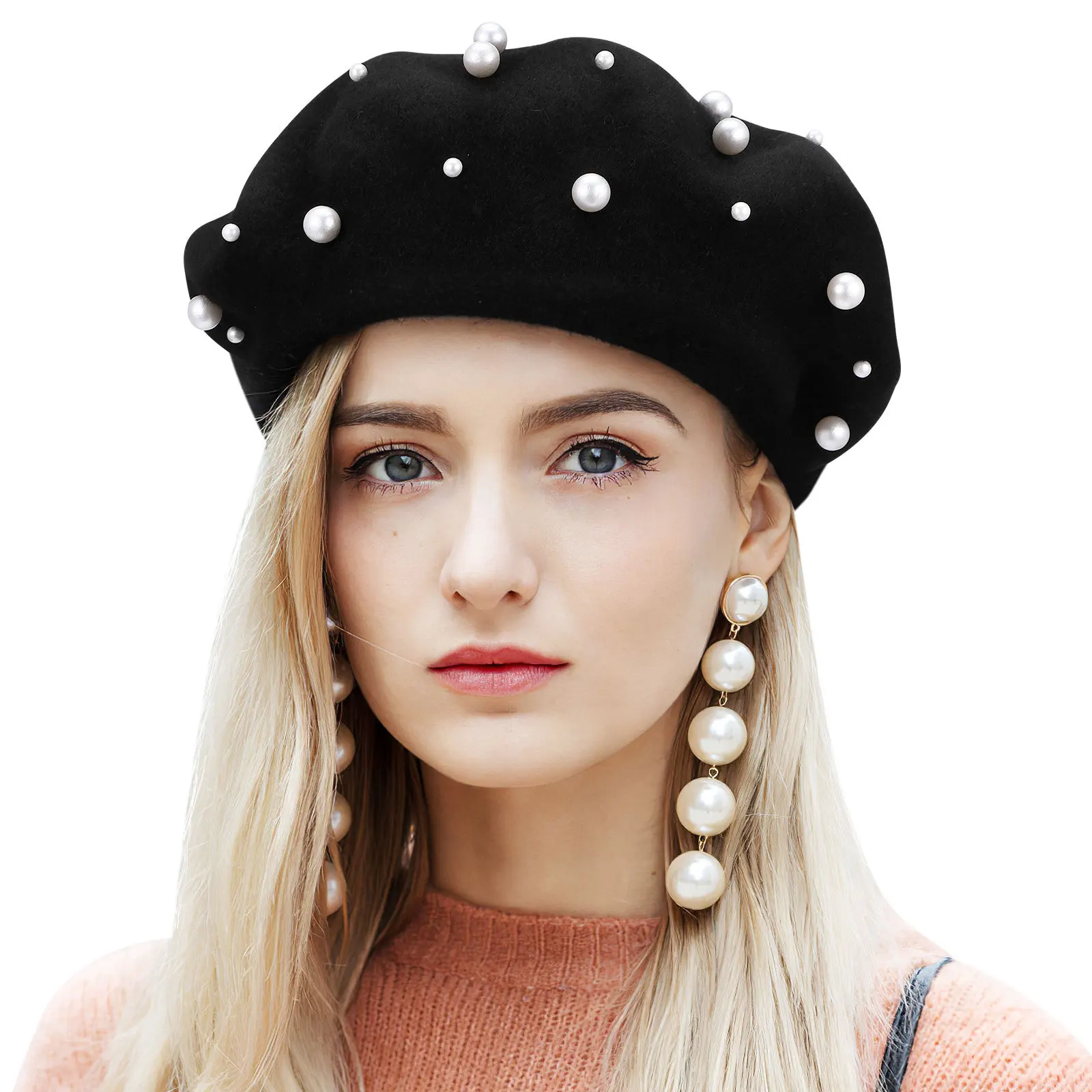 

Women's Pearl Beret Cashmere Luxury Heavy Work Beaded Rivet Wool Hat Autumn Winter Trendy Fashion Foldable Soft Cozy