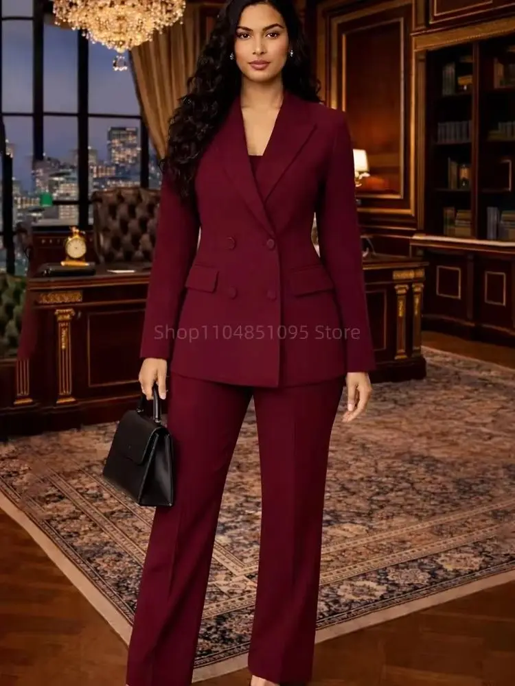Immagine 3: Elegante Completo Bordeaux da Donna, Giacca Doppiopetto e Pantaloni, Abbigliamento Femminile Slim Fit per Ufficio