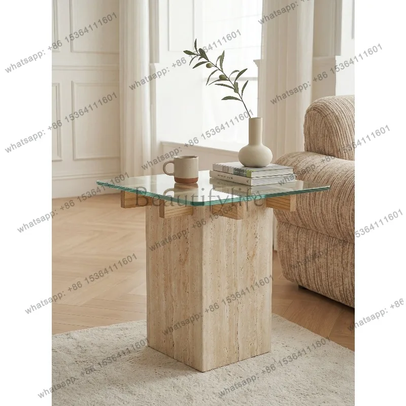 YJ Modern Minimalist Square Side Table Travertine Base Glass Top Light Luxury Furniture For Living Room Sofa