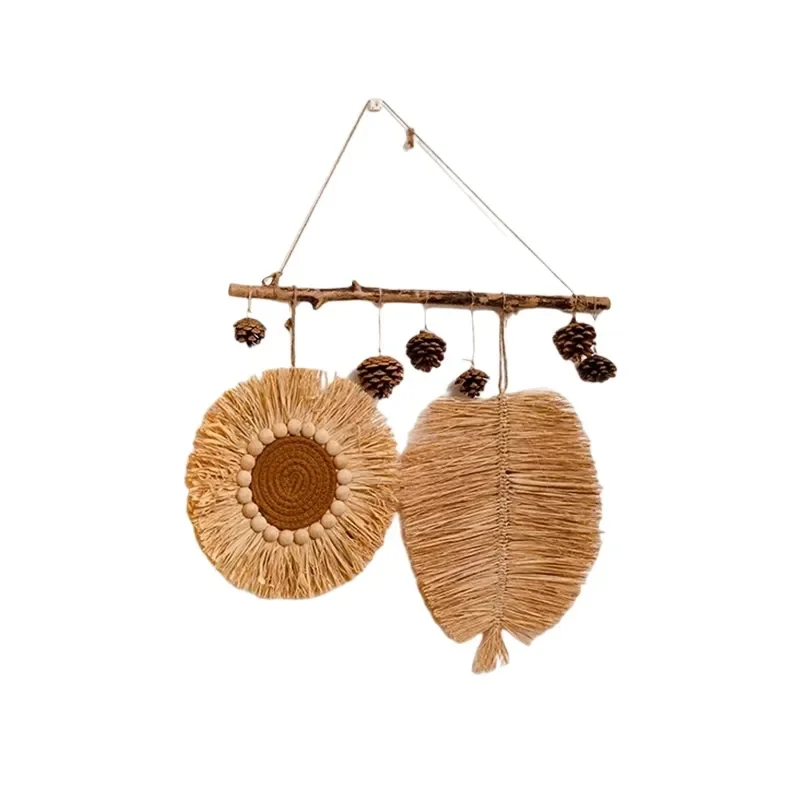 Handmade Raffia Straw Pendant Light Wabi Sabi Wall Decor for Entryway Homestay Background Natural Fiber Hanging Ornament