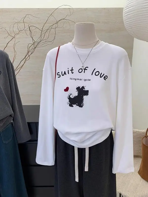 

Loose Long Sleeve T-Shirt Women's Printed Dog Heart Cartoon Anti-Aging Korean Style Commute Winter Base Shirt Inner Wear