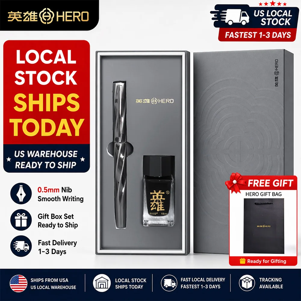 Hero E505A Fountain Pen Gift Set, Unique Twisted Spiral Streamline Barrel High Recognition, 0.5mm Gold Plated Iridium Nib Smooth Writing, Ergonomic Comfort Grip Anti-slip Texture, Local Warehouse Same Day Dispatch, Premium Engravable Business Signature