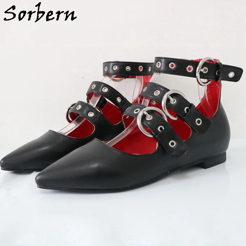 Sorbern Unisex Style Women Flat Heel Shoes Ankle Strap Eyelets Pointed Toe Flat Heels Custom Gladiator Style Black and Red