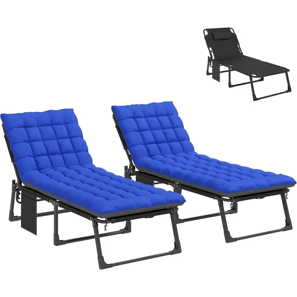 

2-Piece Outdoor Chaise Lounge Set with Cushions, Adjustable Recline, Side Table, Gray/Blue