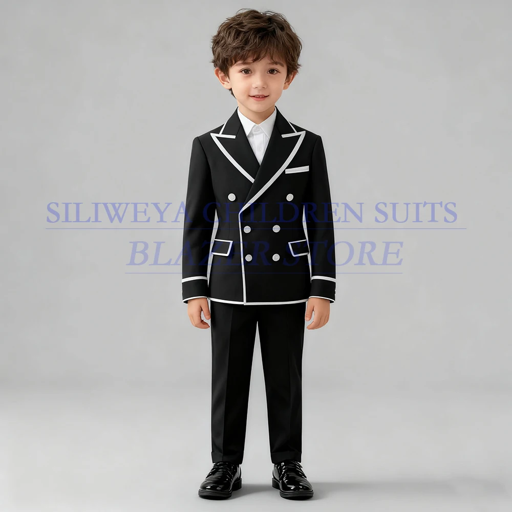 

Elegant Black Boy's Suits Formal Double Breasted Peak Lapel Skinny 2 Piece Jacket Pants Sets Customzied Children Full Sets Terno