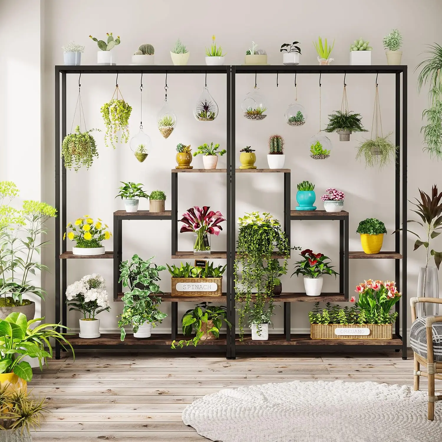 Suporte alto para plantas internas de 5 camadas, prateleira grande de metal para plantas de 70,9 polegadas com 6 ganchos de suspensão, vasos de bonsai de flores multiuso D